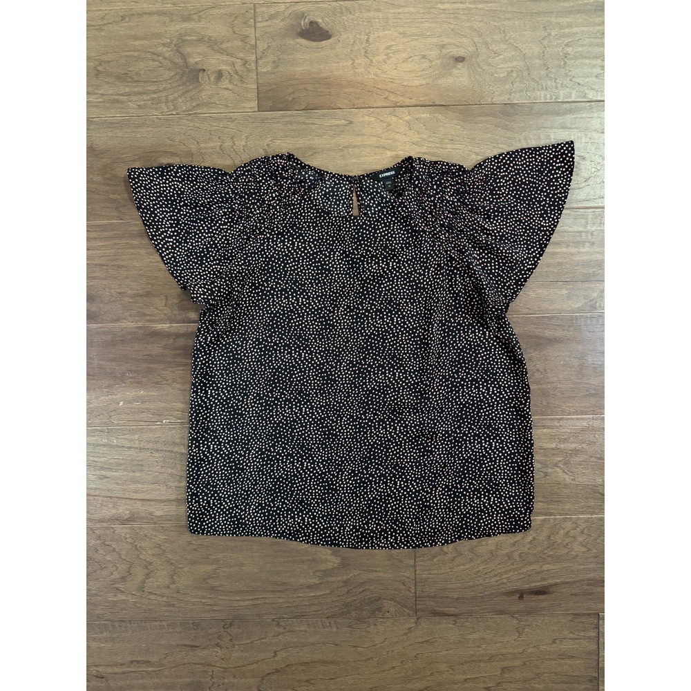 Express Black Polka Dot‎ Flutter Sleeve Blouse Womens Medium Keyhole Back Top